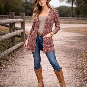 Agnes & Dora Floral Button Down Cardigan Burgundy Cranberry Boho NWT Pockets Med